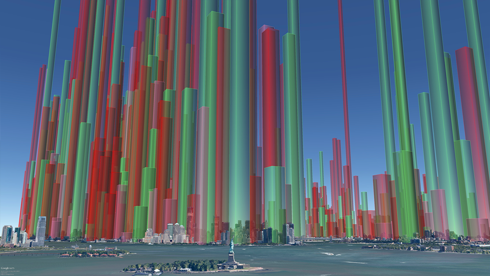  Volume of air saturated daily by Clean Heat buildings (square-base towers) - a ground level view. Red volumes: #6 oil, Pink volumes: #4 oil, Green volumes: Converted 