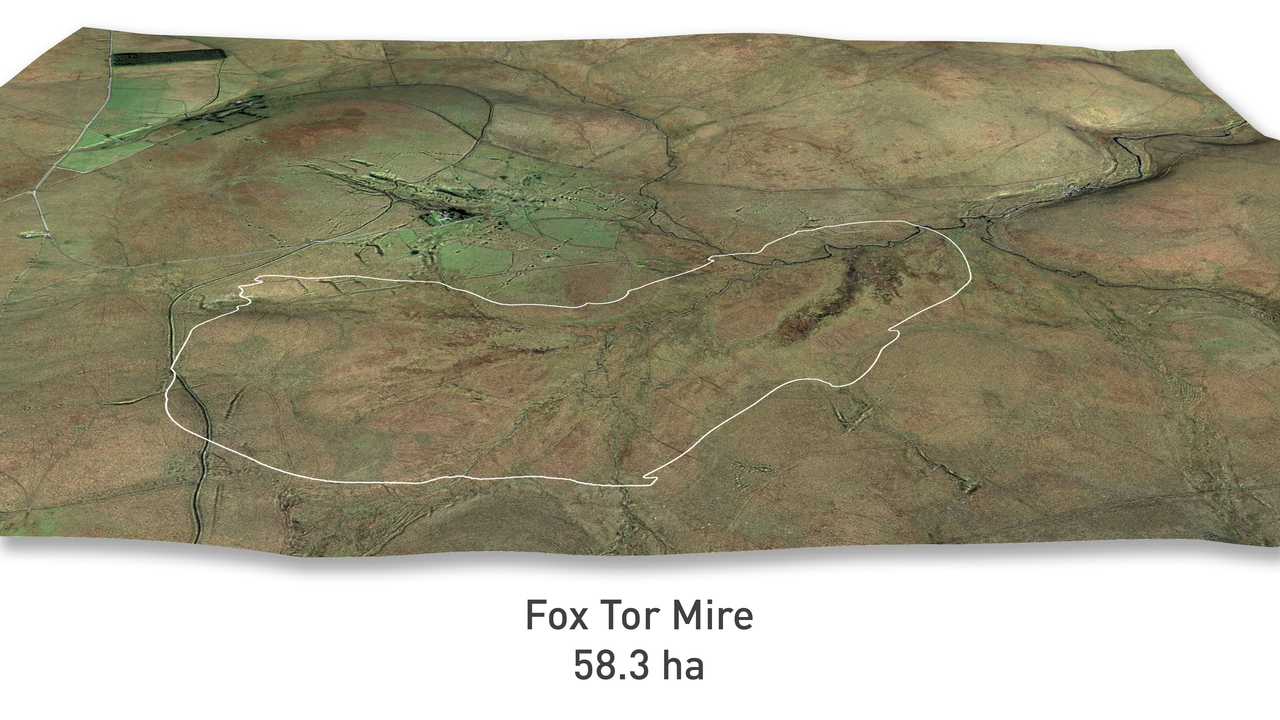 Figure 3. Aerial photograph of Fox Tor Mire, the white line shows the extent of the 58.3 hectare peat body