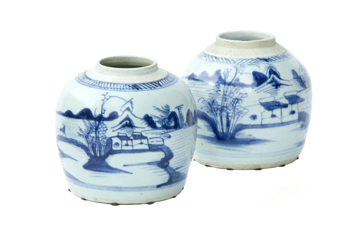 Pair of Antique Ginger Jars with Differing Tranquil Landscapes