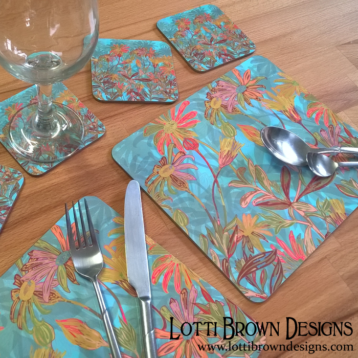 Gift idea - 'Fantasy Fall Flowers' placemats and coasters by Lotti Brown Designs (available at Zippi)