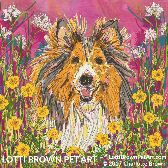 The completed colourful sheltie artwork