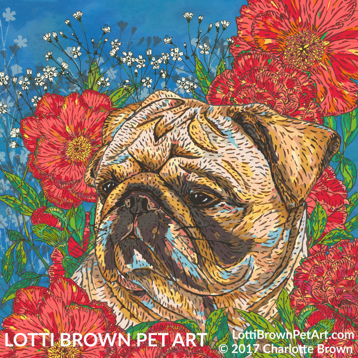 Pug art 'Pug in Peonies' by Lotti Brown