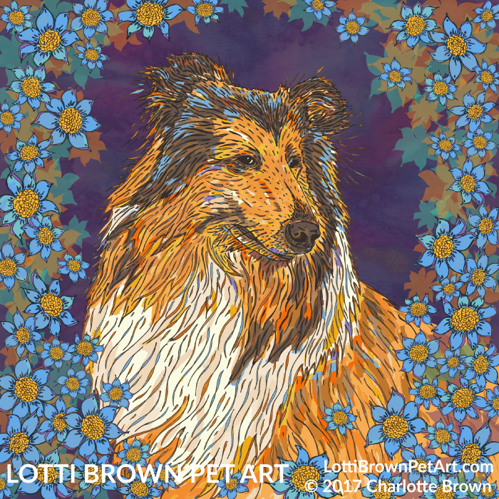 Rough collie art 'Noah with Blue Flowers' by Lotti Brown