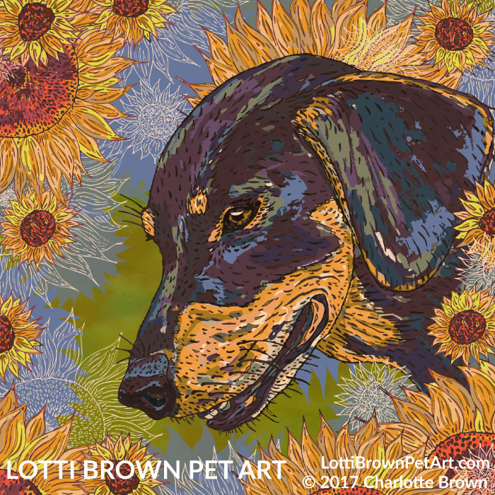 Dachshund art 'Daisy Dachsie and the Sunflowers' by Lotti Brown