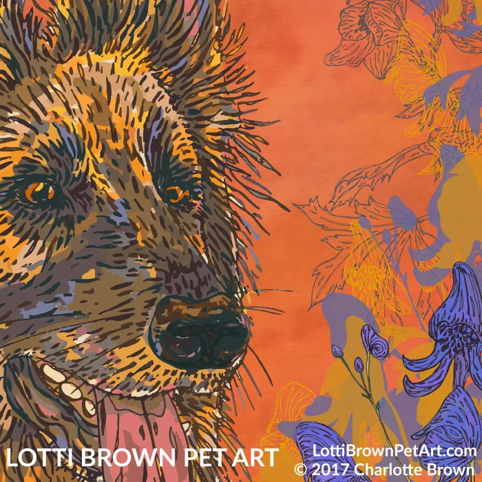 Artwork detail showing German Shepherd fur and flowers