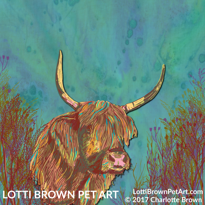Colourful Highland Cow art by Lotti Brown