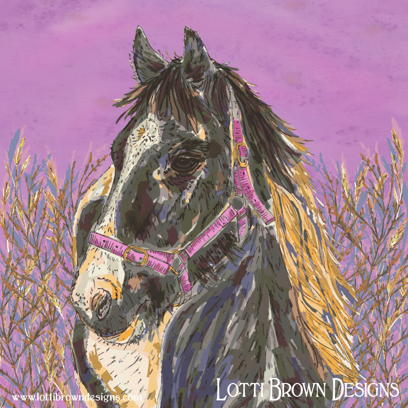 The completed horse artwork - 'The Horse with the Golden Mane' by Lotti Brown
