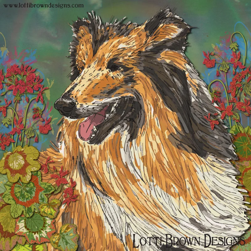 My beautiful rough collie art print - Noah's fur is touched with sunlight and he is having the most amazing adventure in the summer geraniums!