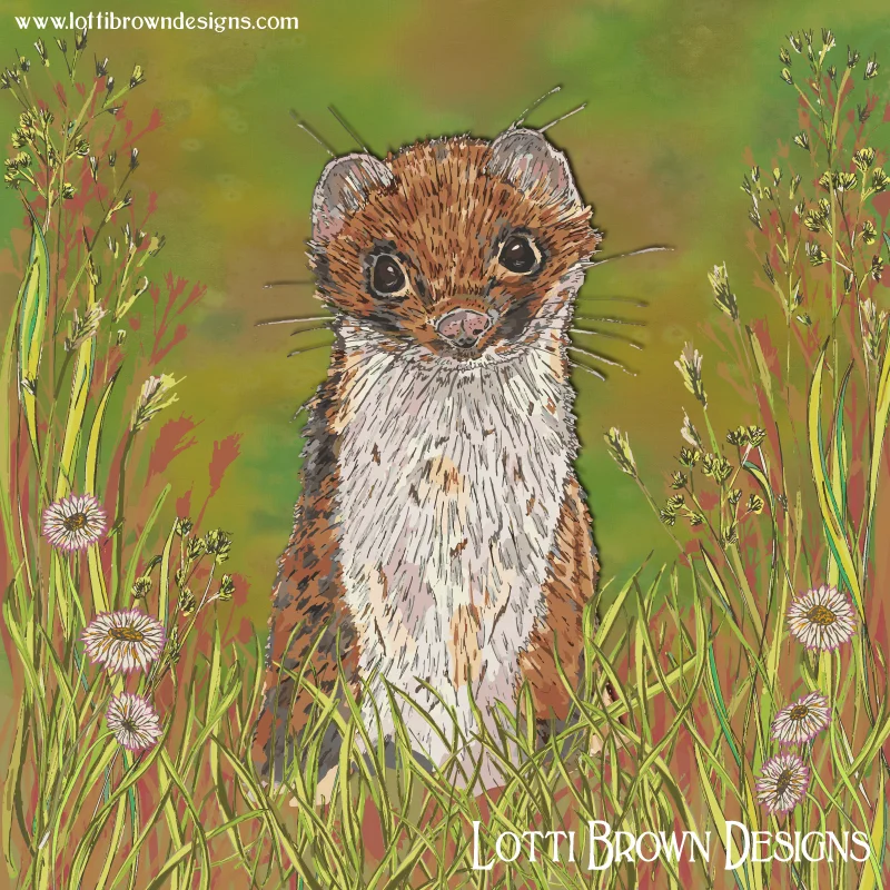 The completed stoat artwork - colourful, fresh and full of summer joy and freedom