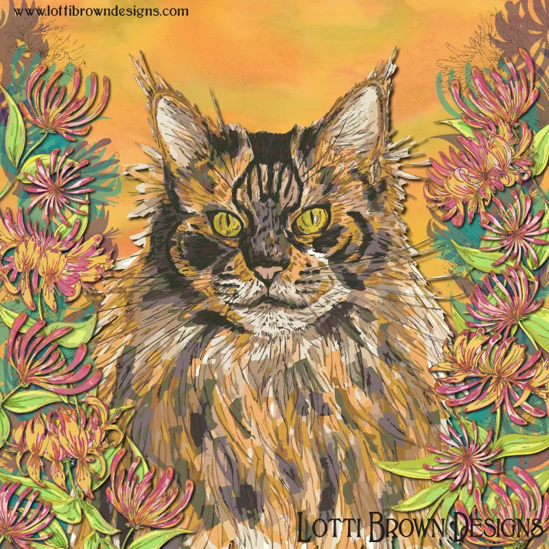 'Honeysuckle Cat' - colourful floral Maine Coon cat