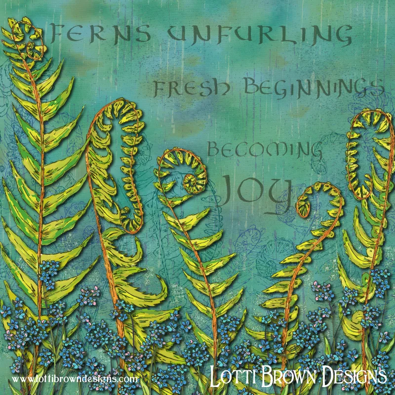 The completed colourful nature artwork ' Forget-me-not Ferns - Becoming Joy'