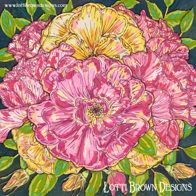 'Summer Roses' colourful rose art print by Lotti Brown