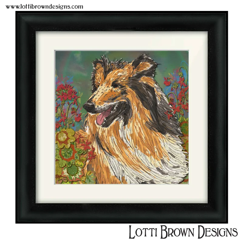 Rough collie pet portrait with geraniums