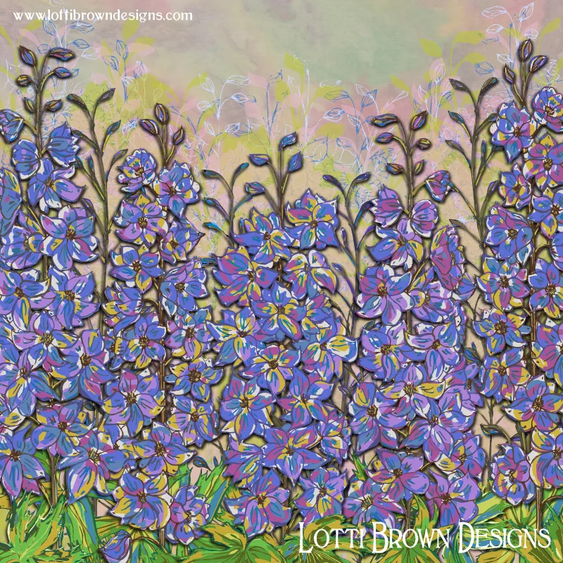 'Darling Delphiniums' colourful floral artwork by Lotti Brown