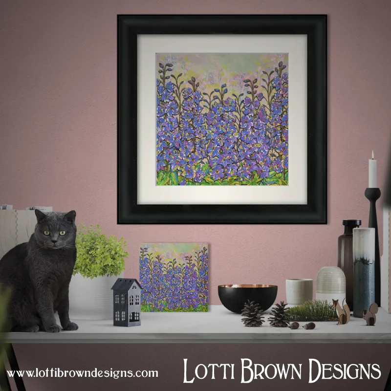 My 'Darling Delphiniums' art print is available as framed and unframed prints and canvases from my online store.