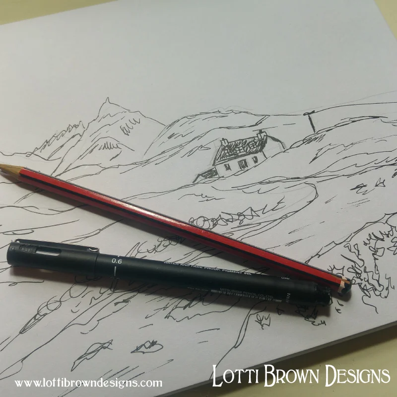 Landscape sketch in black fineliner pen