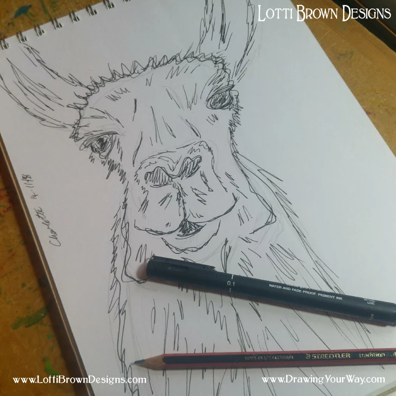 Using a black fine liner drawing pen for sketching