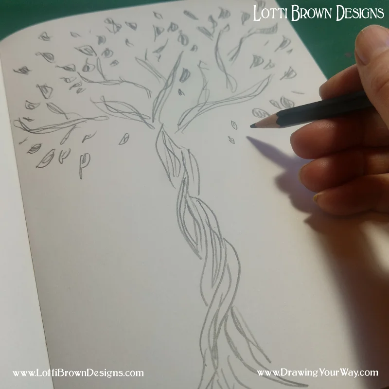 A doodley, sketchy tree in soft pencil… I don’t feel so comfortable using the soft pencil and I don’t feel so happy with my drawing - this is normal! The only way to feel more comfortable using your drawing tools is to practice… but at the same time, when you’re making art for pleasure, why not use the tools you enjoy using and that feel great when you use them - I promise you that when you enjoy your drawing you’ll create better art!