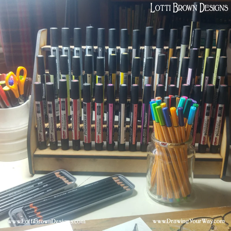 These pens are now always organised and easily stashed away on a nearby shelf when not in use - but it’s the work of just a moment to get ready to draw, too