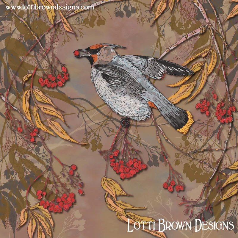 The completed waxwing artwork - colourful and atmospheric