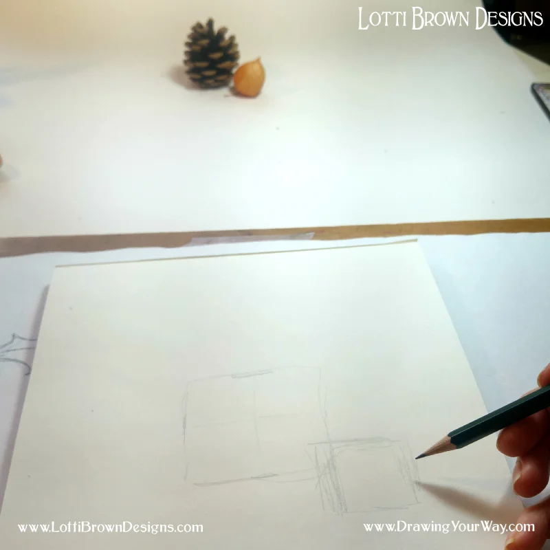 Here you can see that I’ve marked the page to divide my first square into half height/width and drawn a square of that size next to it to represent the physalis seedhead.