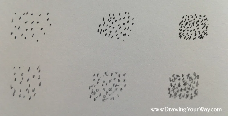 Dots, squiggles, stipples, or speckles, can be used for a nice texture in your drawing. Putting them closer together can make the area look darker - pen (top) and pencil (bottom).