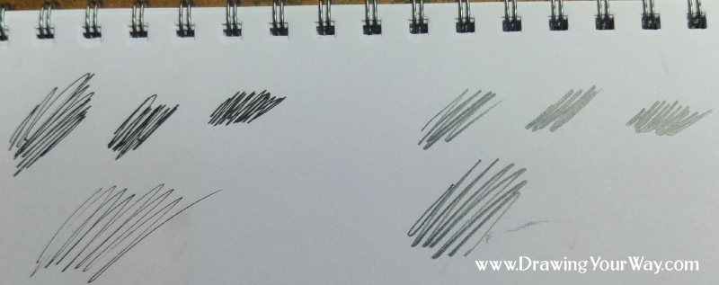Sketchy lines or scribbles are a nice loose way of drawing and adding light/shade to your drawing. You can adapt them really easily to your own style of drawing (see what comes out naturally). Closer scribbles make a darker area - pen (left) and pencil (right).
