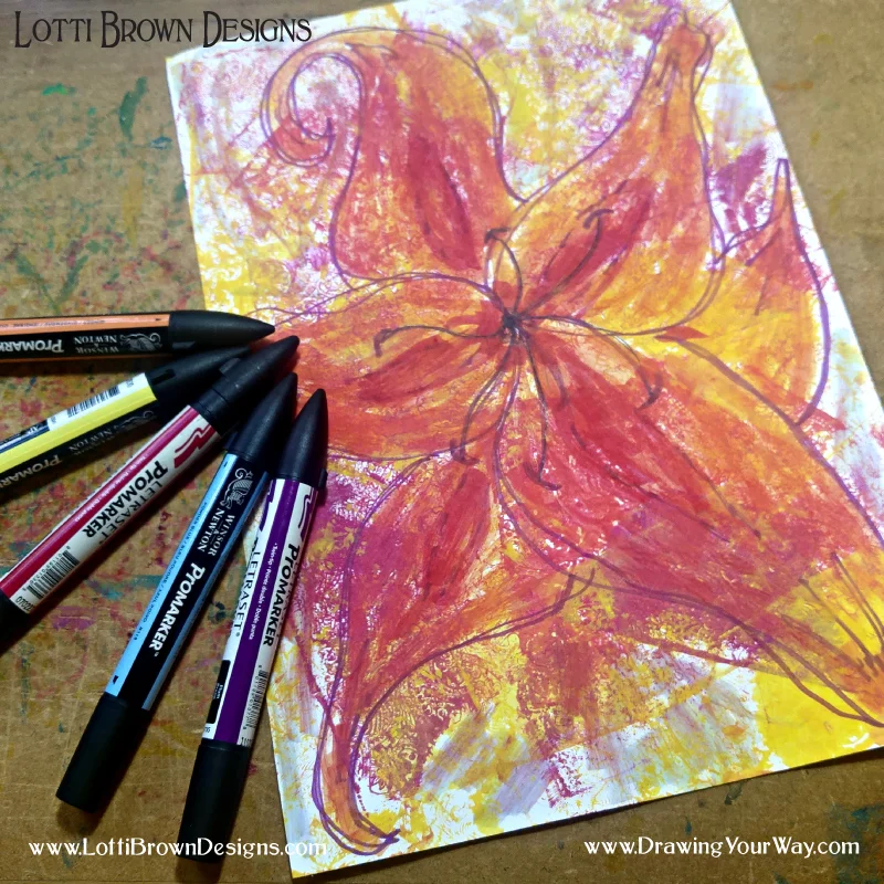 Drawing just for fun - a flower doodle drawn with Promarkers over the top of my printed page in similar colours. Fun to do, loose, and freeing - done for the experience of doing it and not for the result or how it turned out. Try it yourself!
