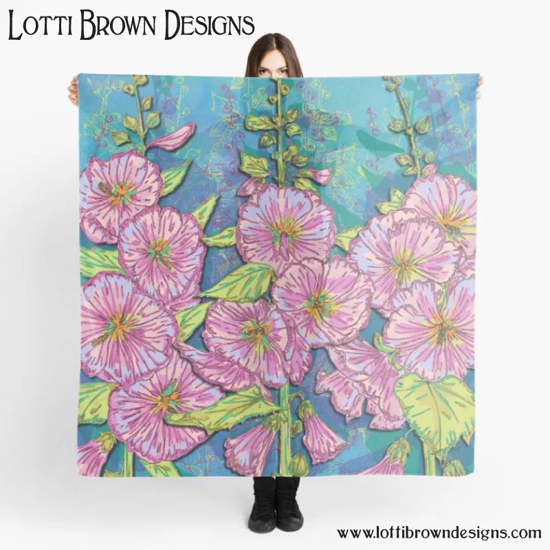 Hollyhocks floral art scarf by Lotti Brown at Redbubble