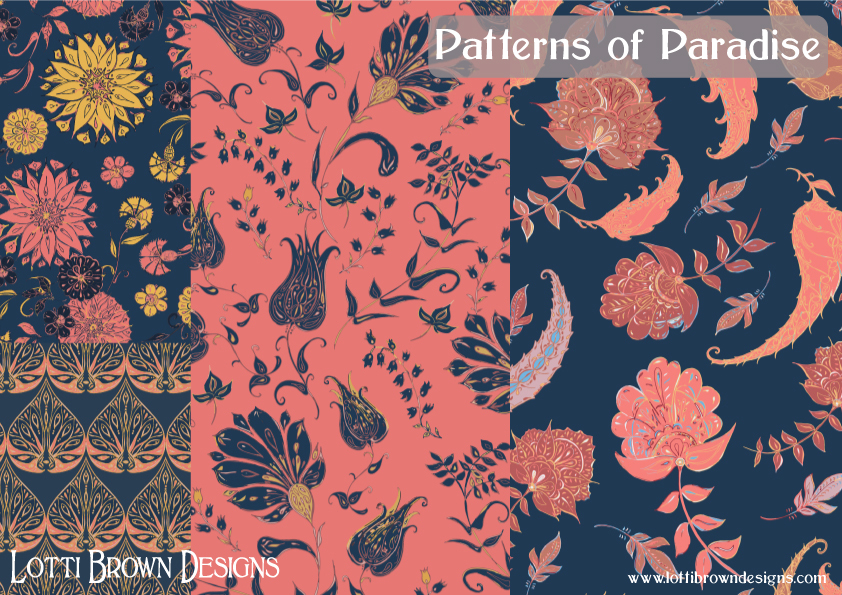 Patterns of Paradise in coral and blue - fabric collection by Lotti Brown