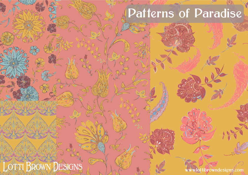 Patterns of Paradise in coral and yellow - fabric collection by Lotti Brown