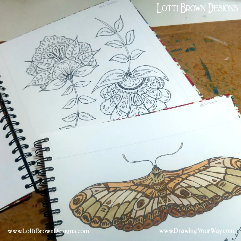 Drawing motifs for patterns in my sketchbooks and a moth drawing with marker pen - click to see it larger