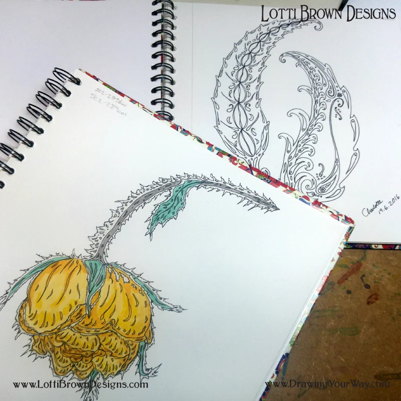 Drawing roses and patterns in my sketchbook - click to see it larger