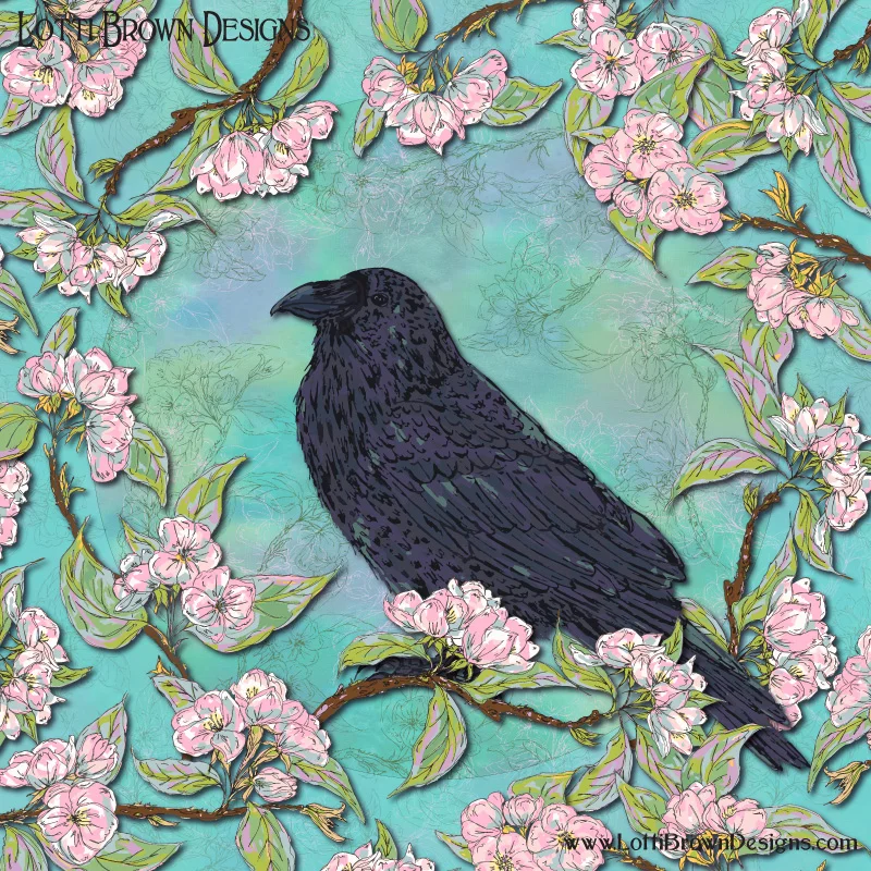 Raven and Apple Blossom artwork - completed digitally from pen/ink drawings