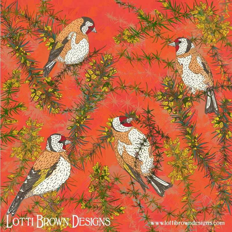 Goldfinches in Gorse art by Lotti Brown