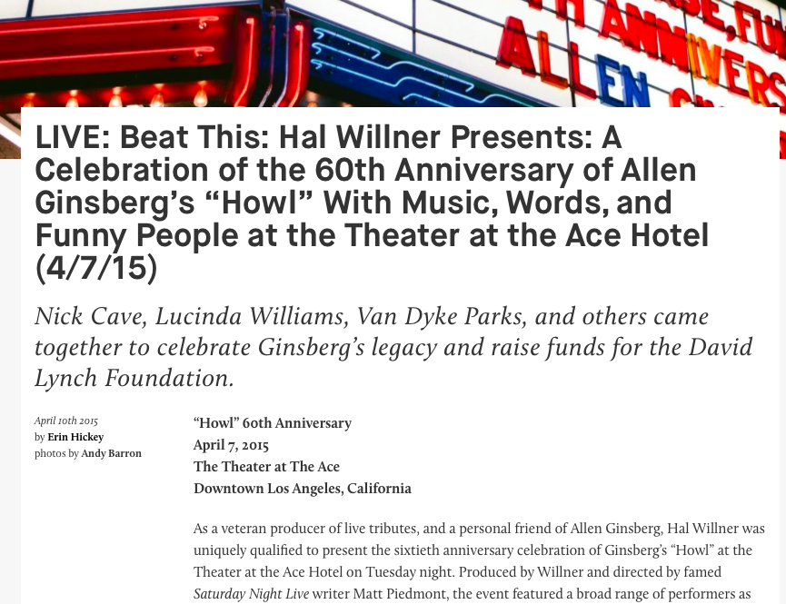 Beat This: Hal Willner Presents: A Celebration of the 60th Anniversary of Allen Ginsberg's "Howl"