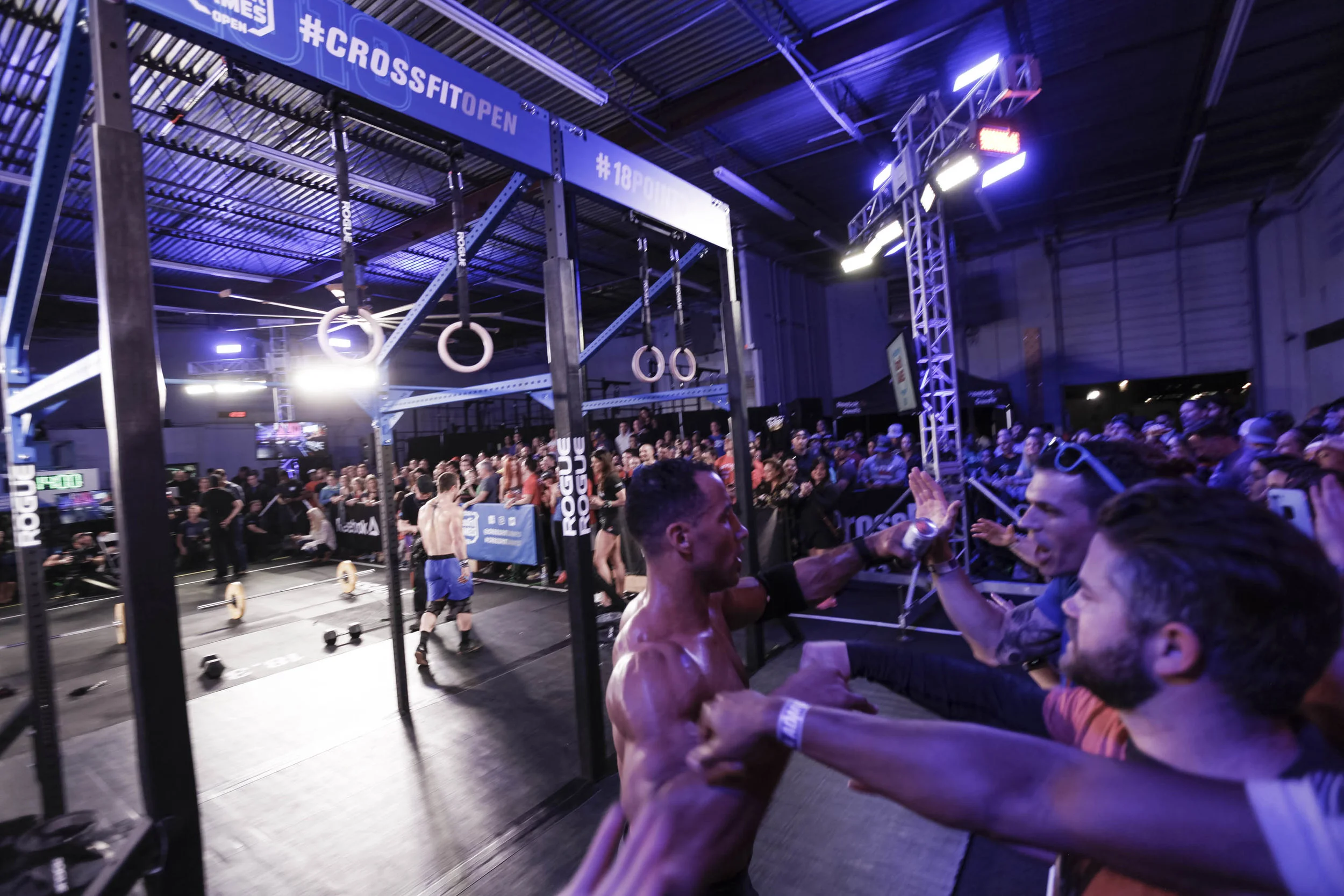 Neal Maddox post 18.3 giving the crowd at Skyline CrossFit some love.