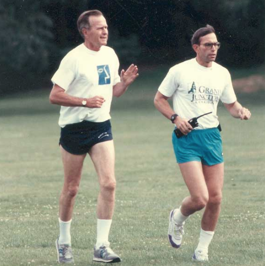 Wayne Justice jogging with President George H.W. Bush at the Ambassador's residence in London.