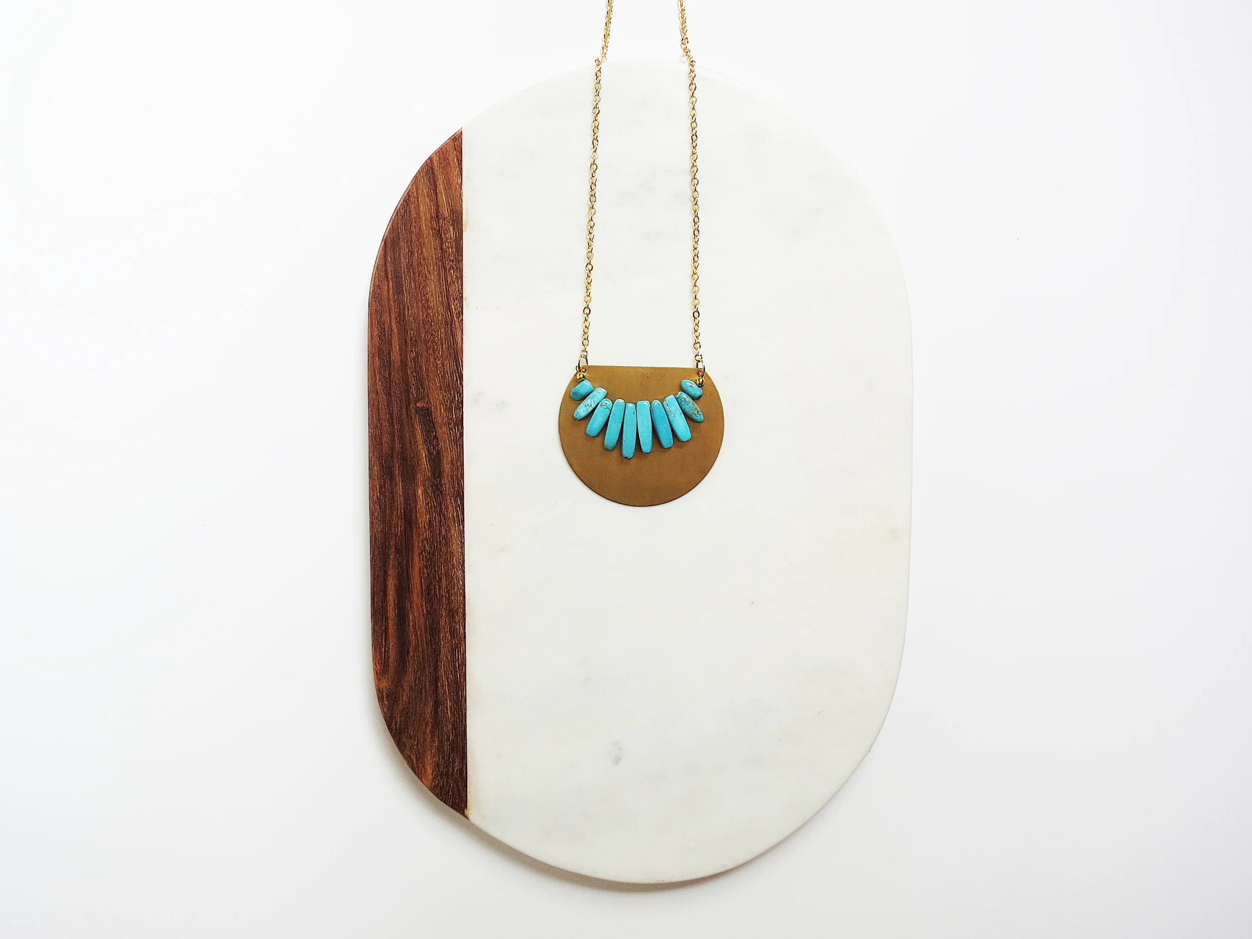 Turquoise Fringe minimal modern handmade jewelry gold raw brass + turquoise howlite statement necklace