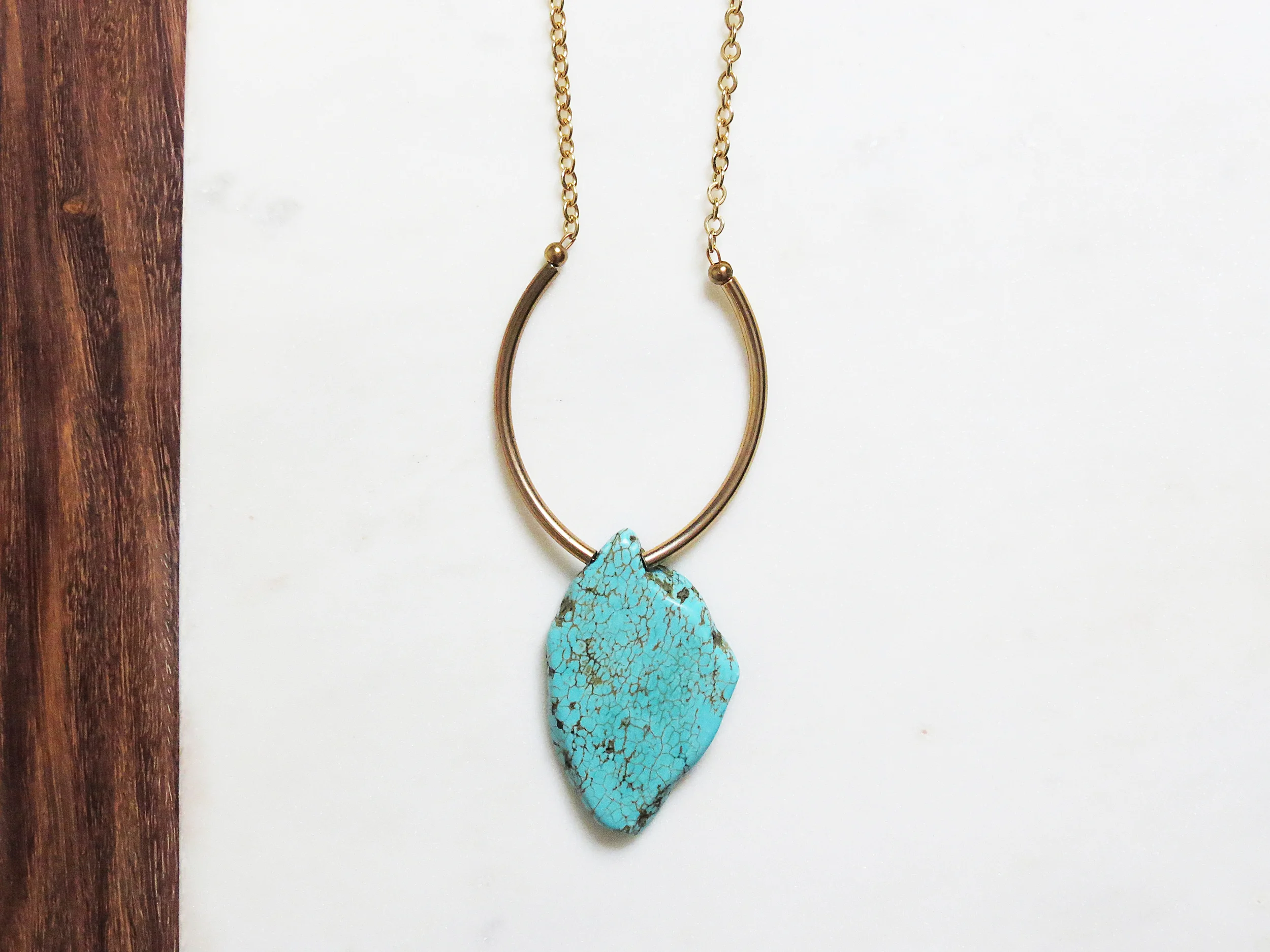 Turquoise Tribe minimal modern handmade jewelry gold plated brass tube + turquoise howlite magnesite long necklace detail