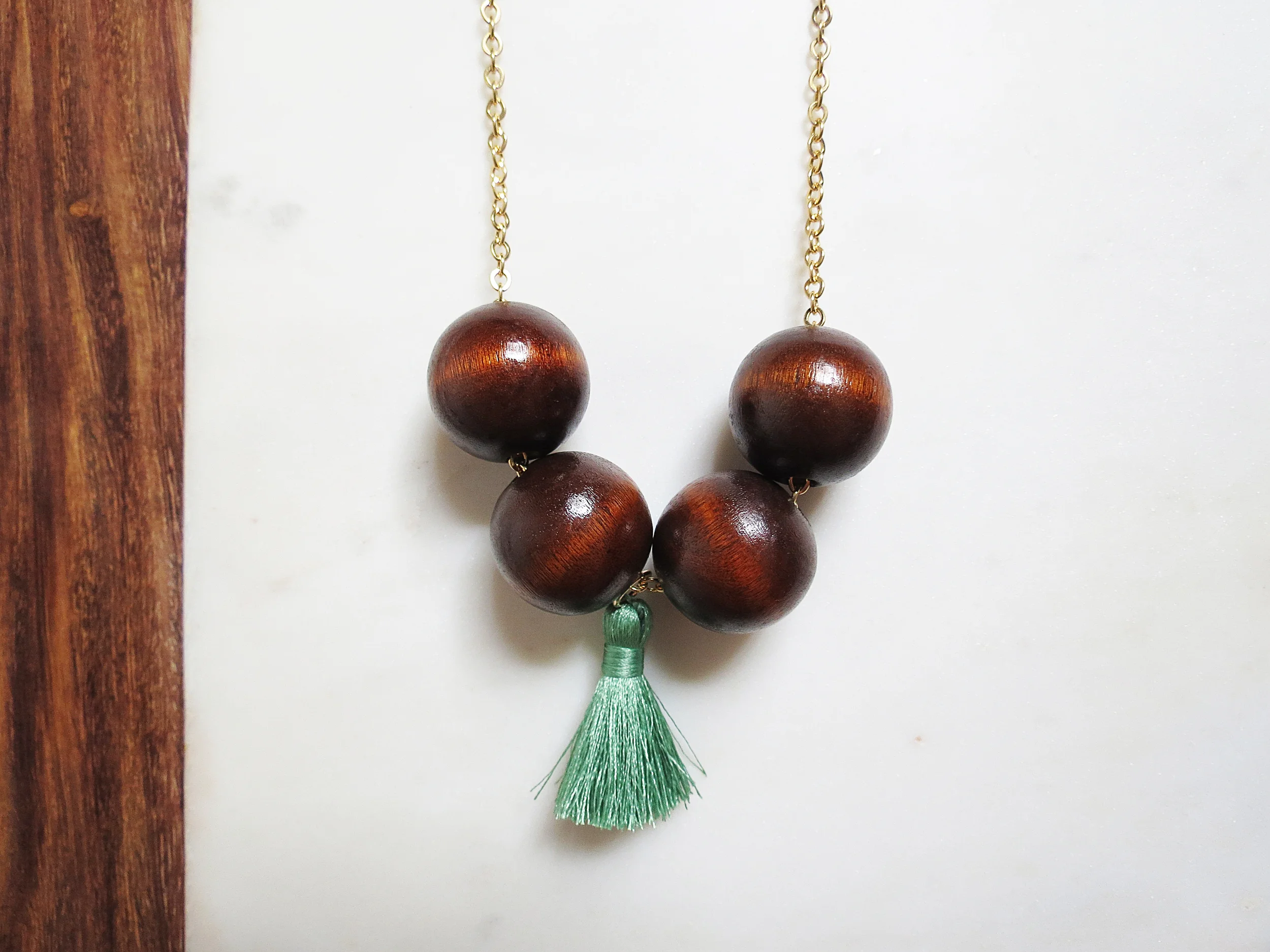 Big Mala minimal modern handmade jewelry gold wood beads + nylon silk tassel yoga mala necklace turquoise