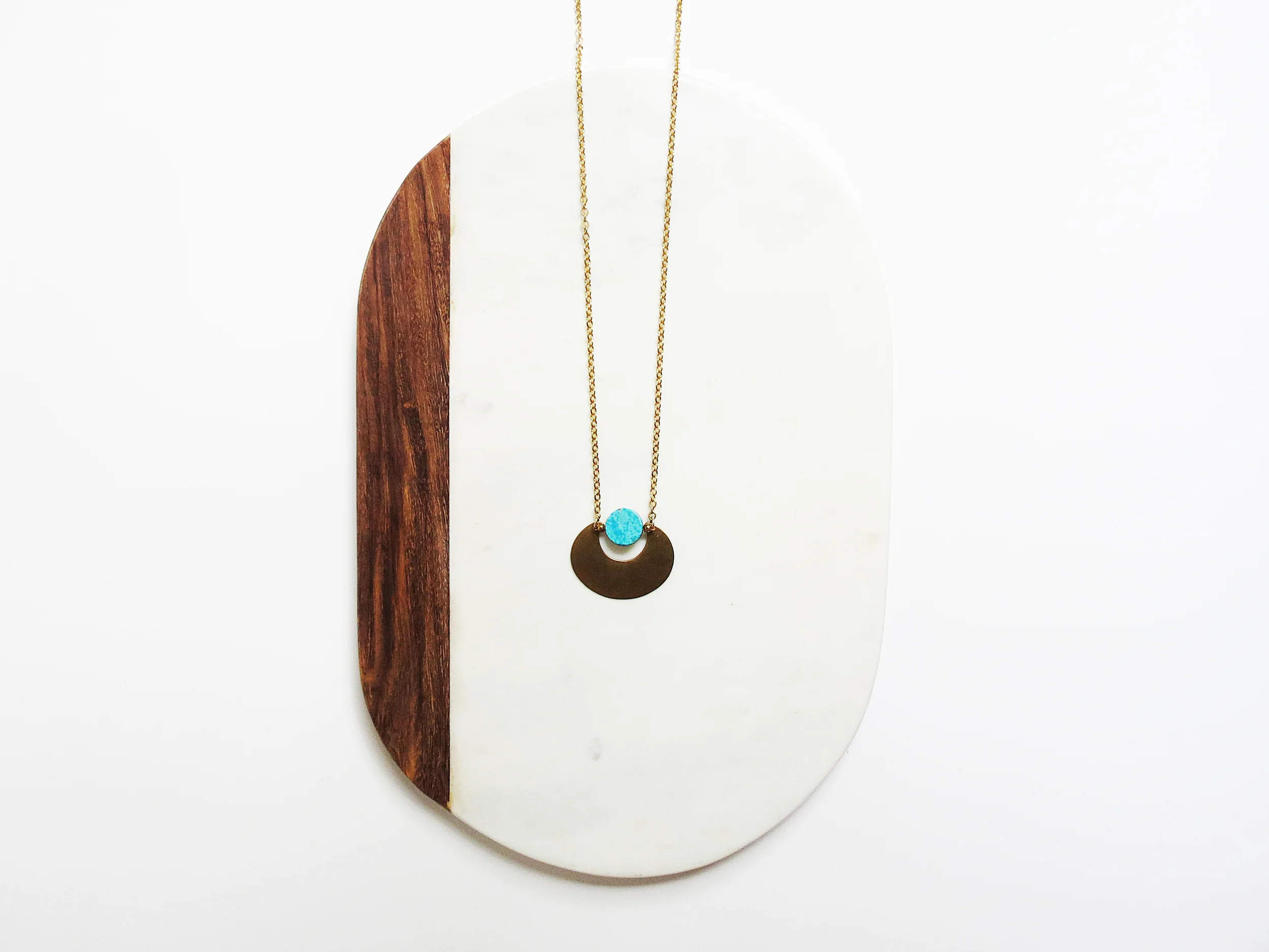 Eclipse minimal modern handmade jewelry gold raw brass + turquoise howlite magnesite sun + moon long statement necklace