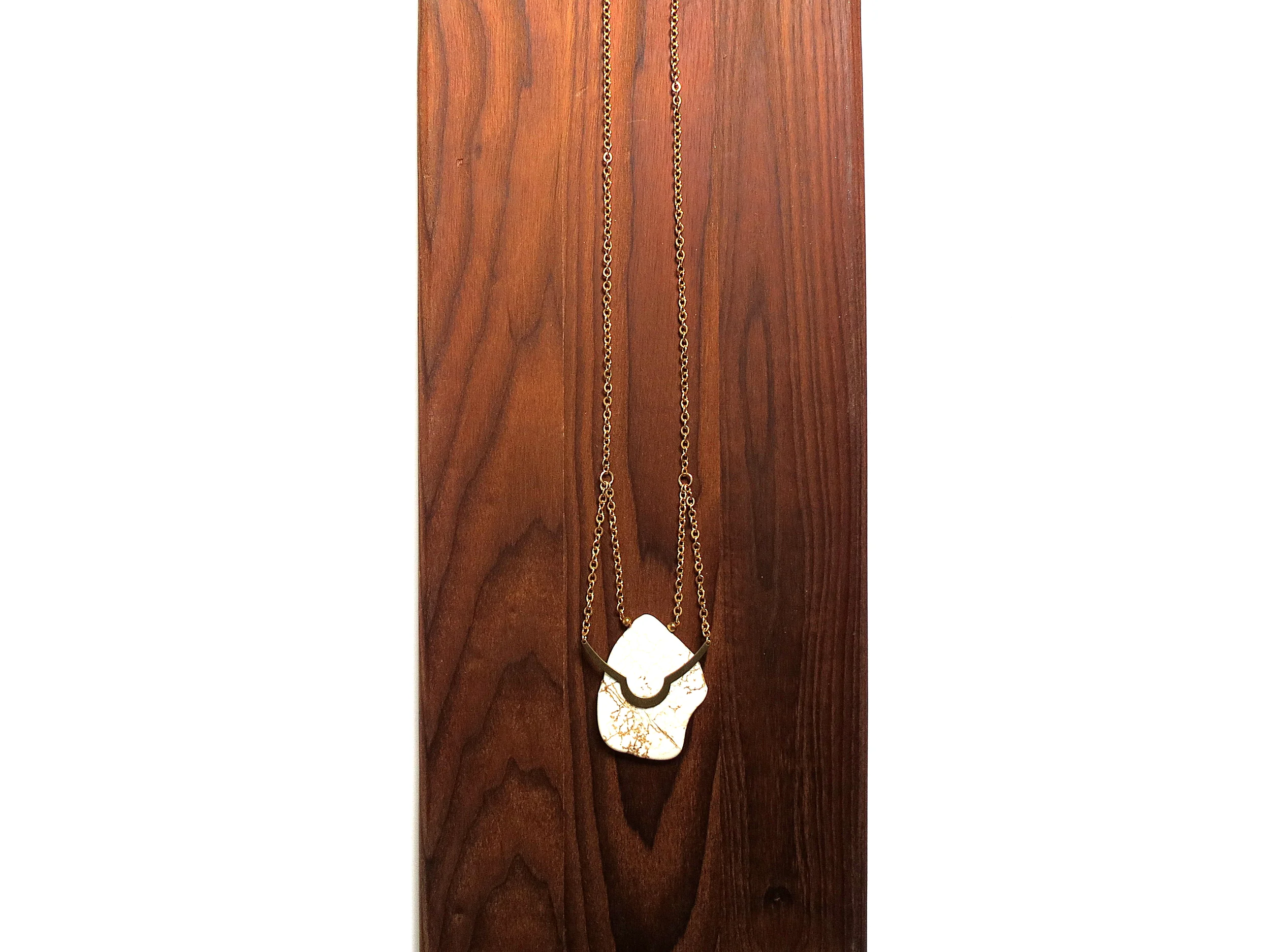Athena minimal modern handmade jewelry gold raw brass + white turquoise magnesite long layered statement necklace