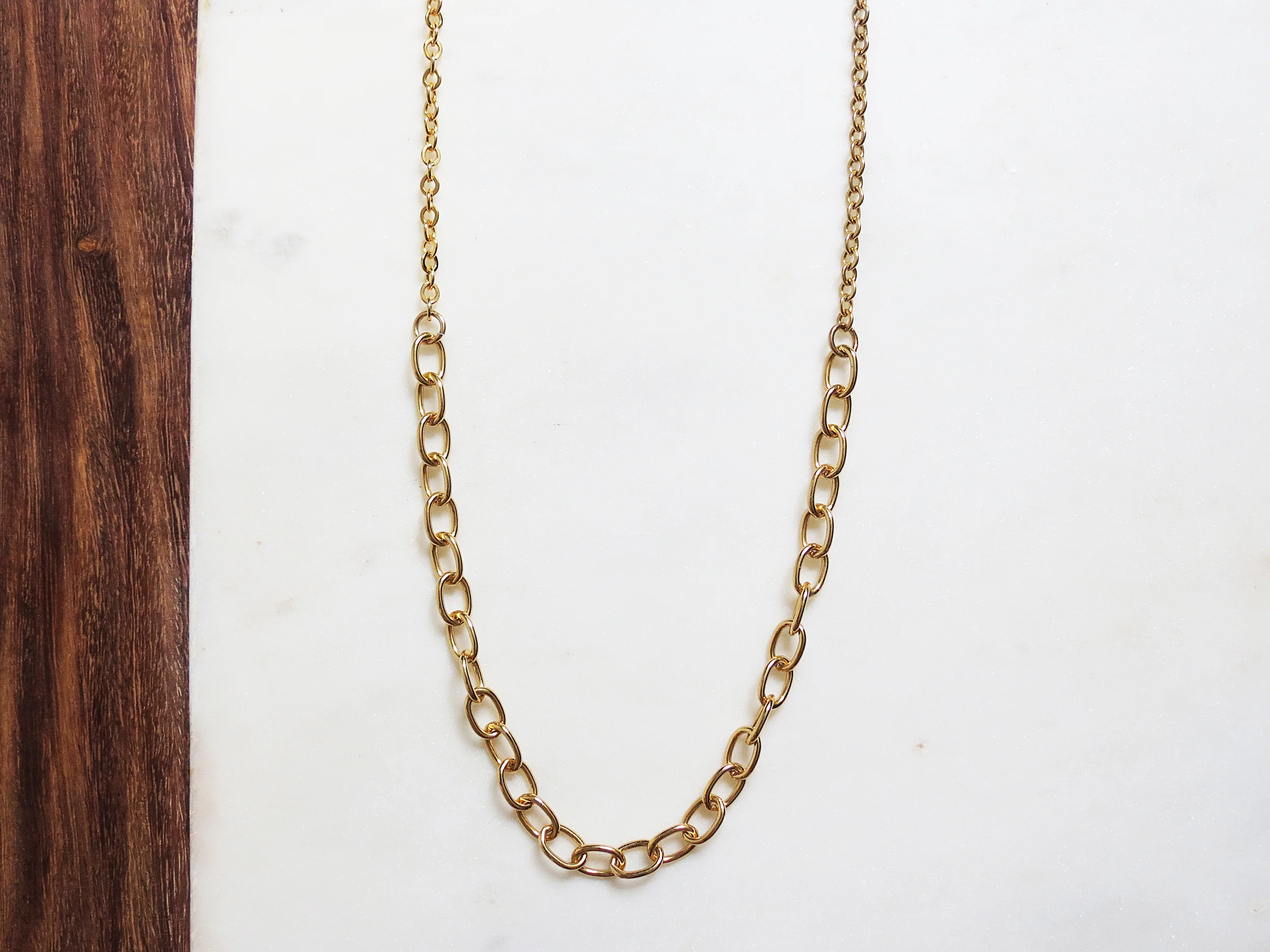 Connected minimal modern handmade jewelry small + large chain long statement necklace detail
