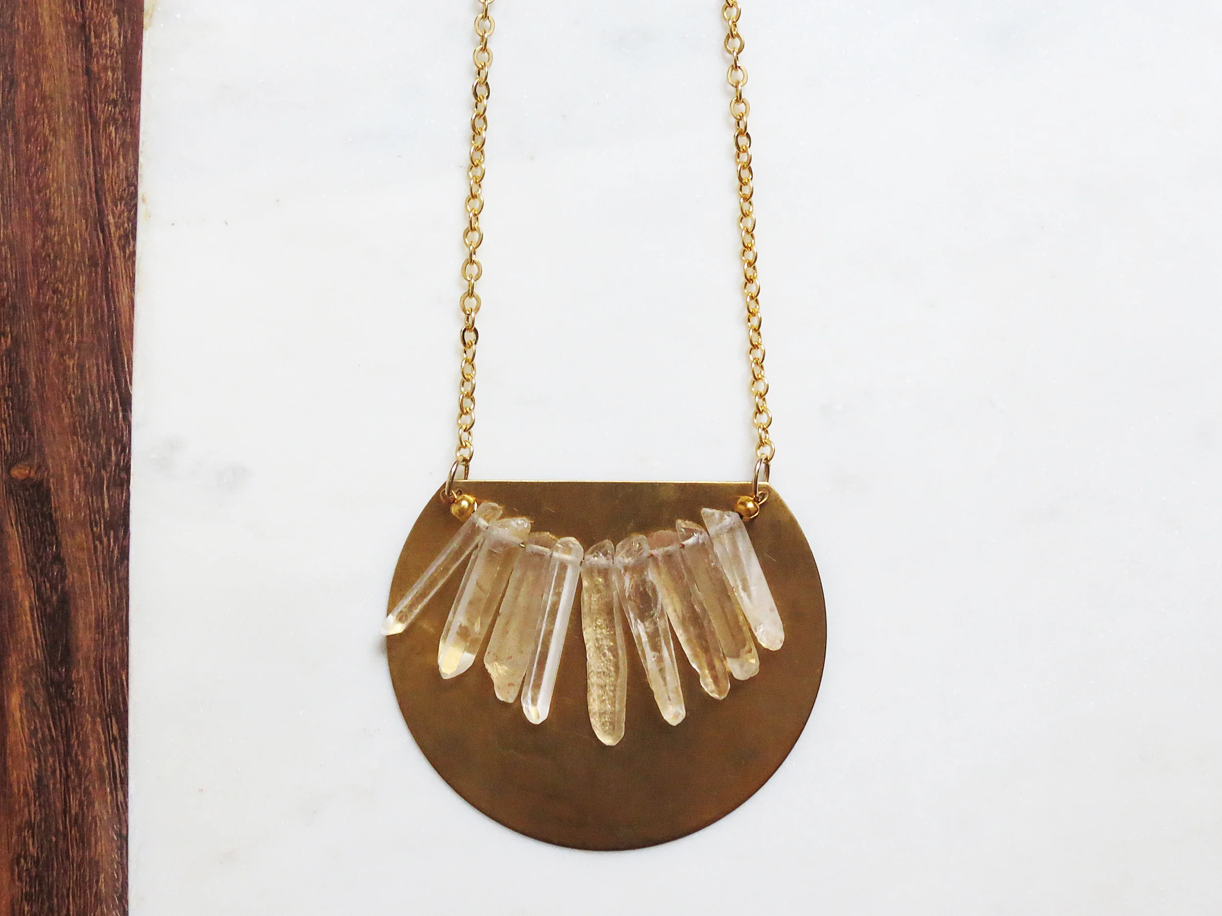 Crystal Fringe minimal modern handmade jewelry gold raw brass + white crystal quartz short statement necklace detail