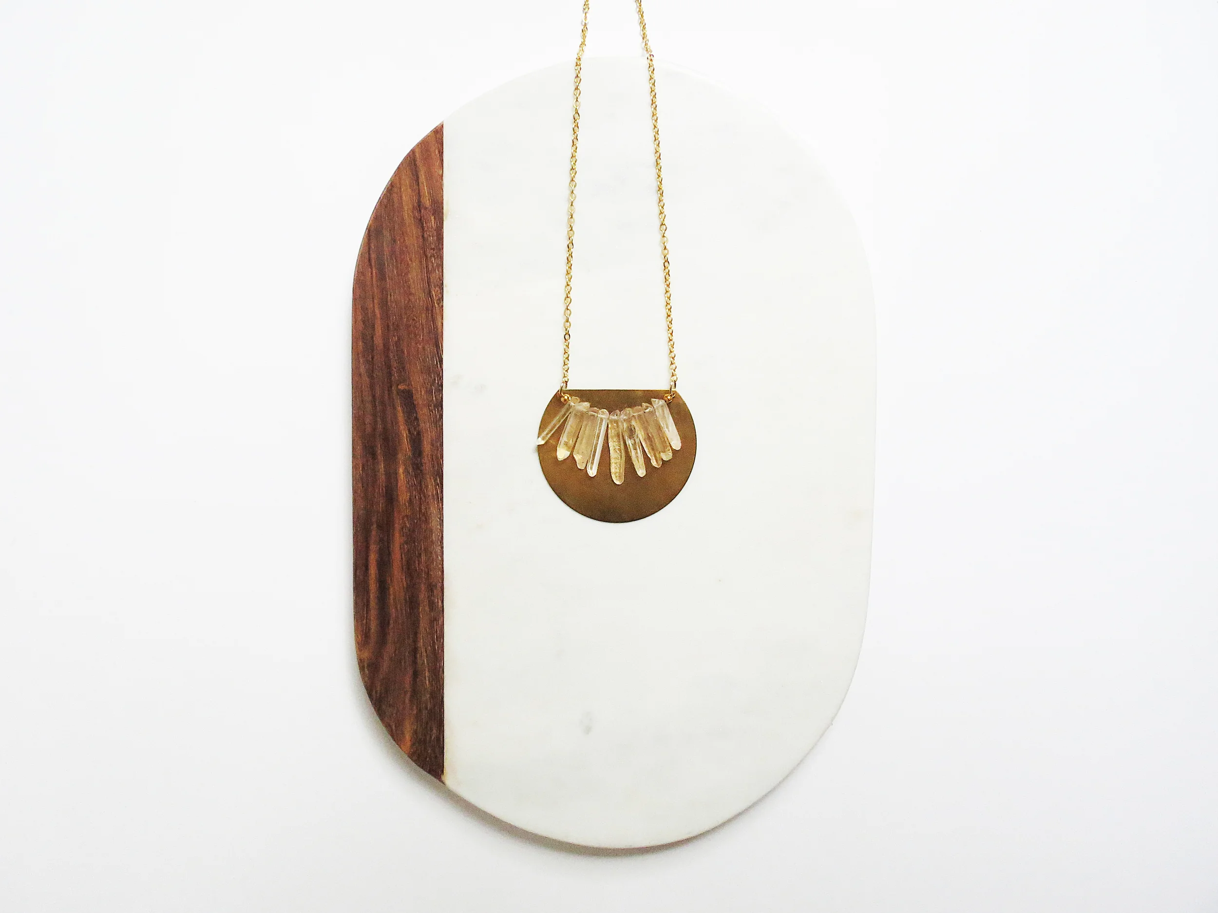 Crystal Fringe minimal modern handmade jewelry gold raw brass + white crystal quartz short statement necklace