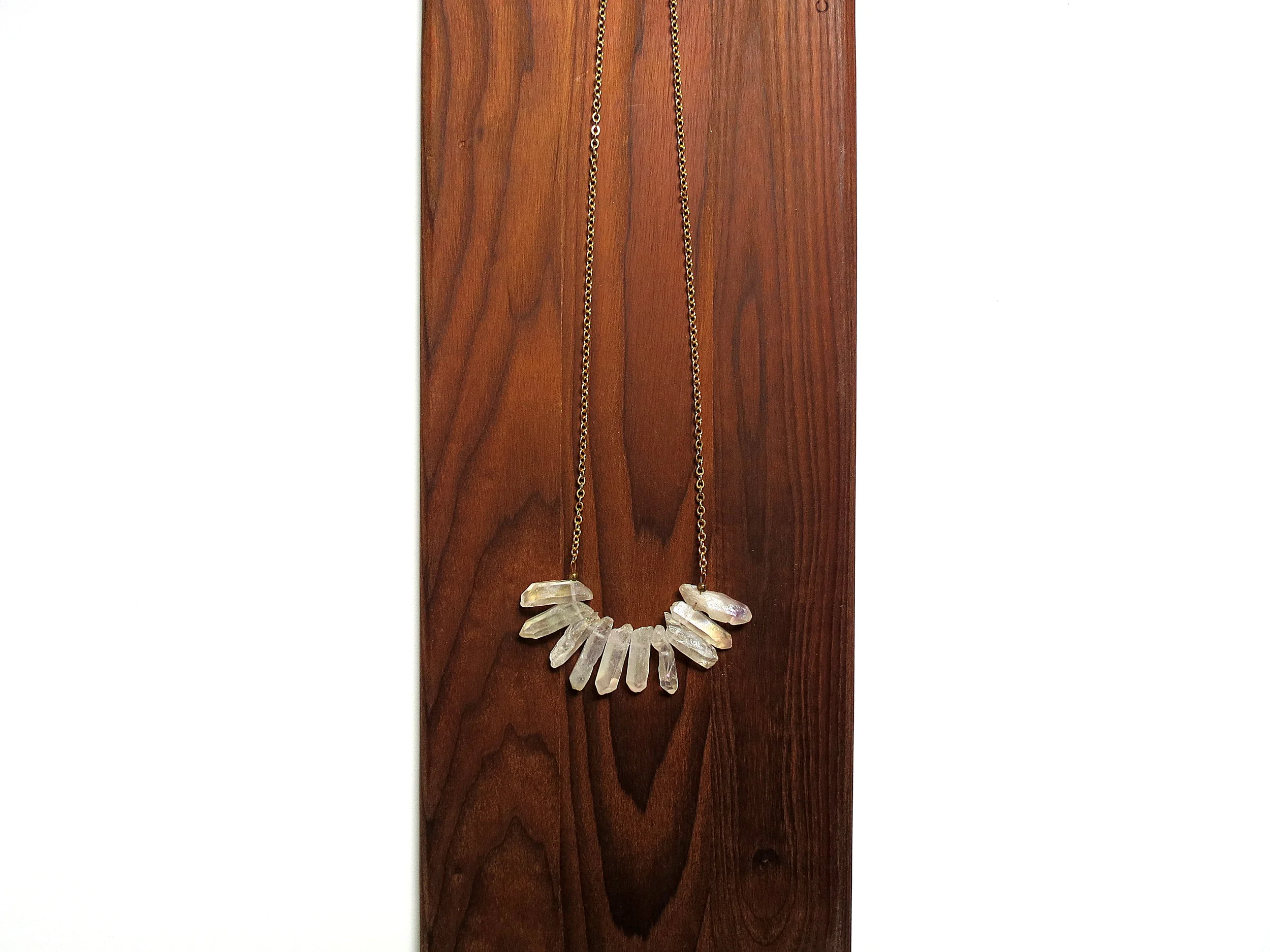 Leo minimal modern handmade jewelry gold white crystal quartz long statement necklace