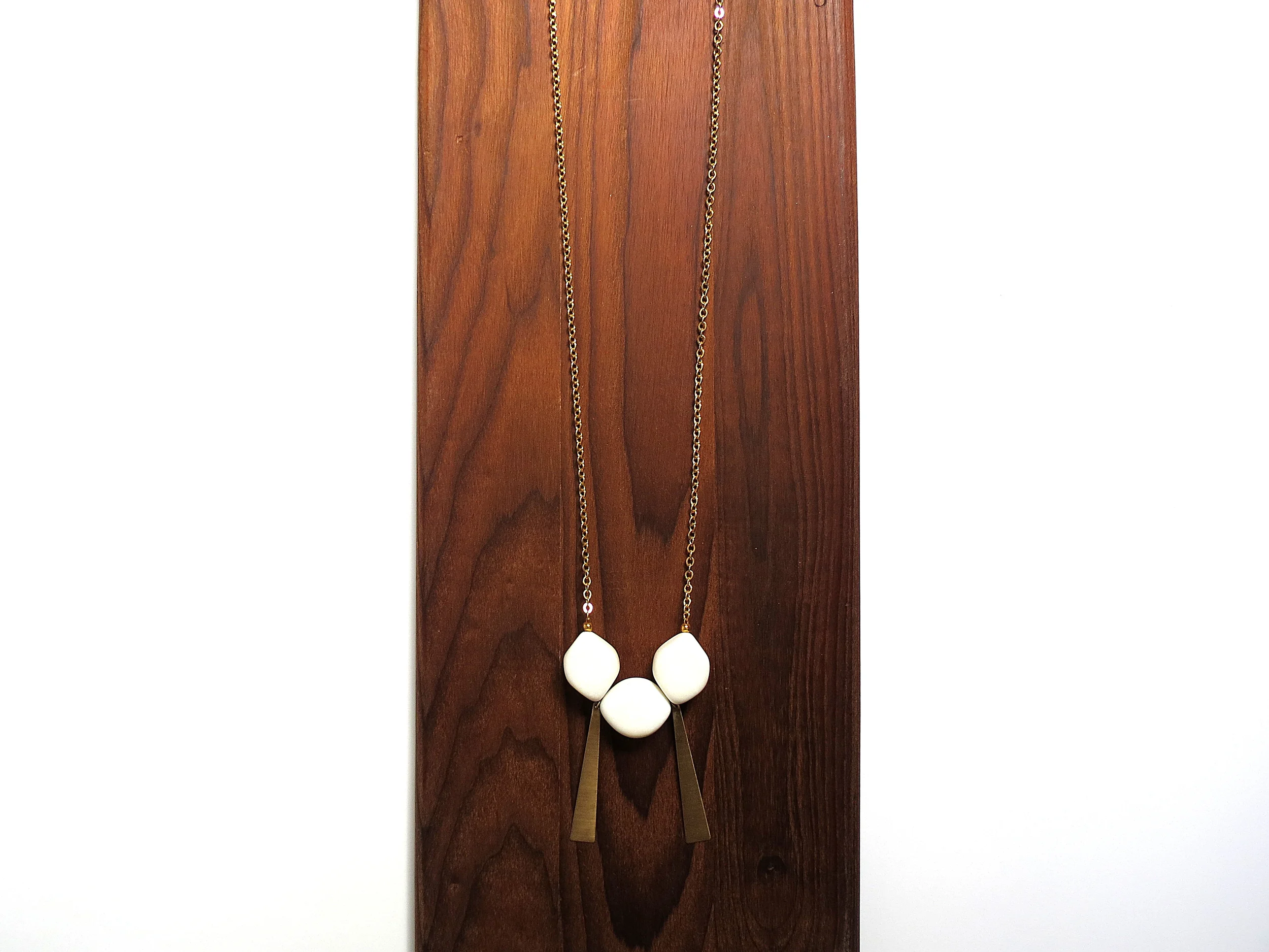 Sun + Moon minimal modern handmade jewelry gold raw brass and white quartzite long statement necklace