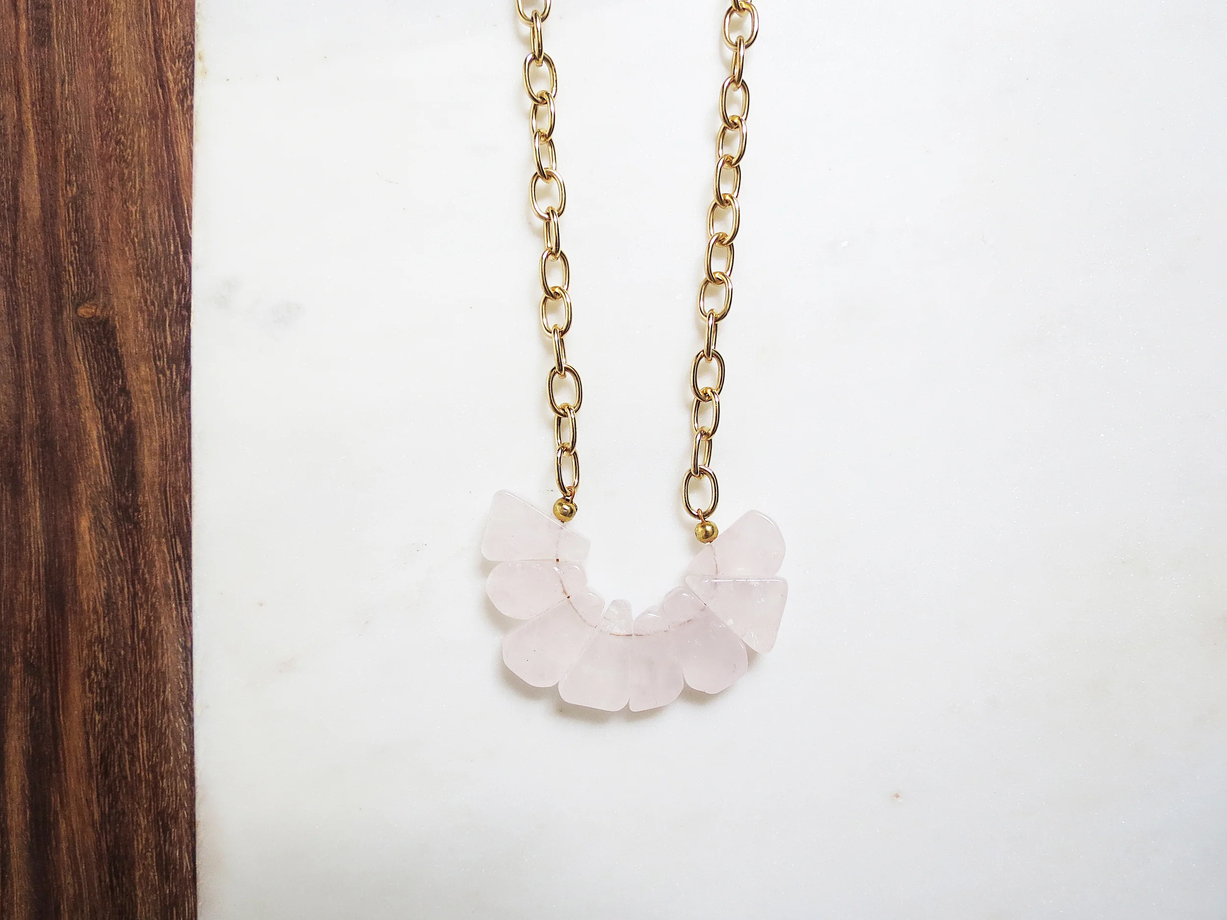 Rosy minimal modern handmade jewelry gold rose quartz short statement necklace detail