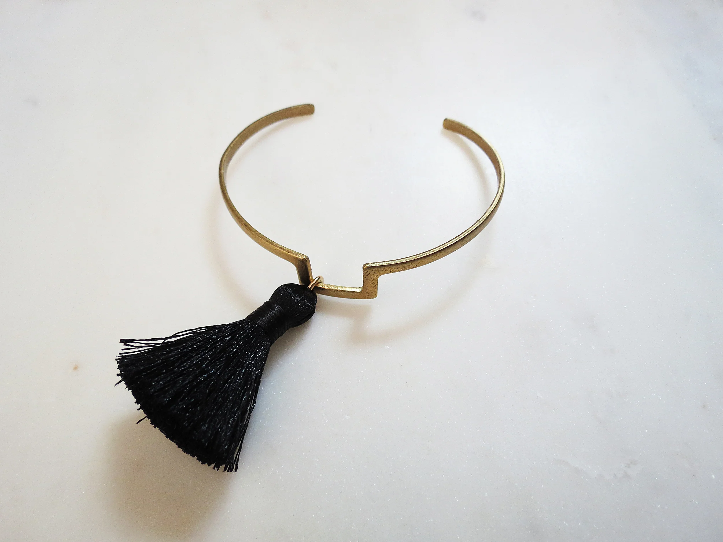 Cleo minimal modern handmade jewelry gold raw brass + nylon silk tassel cuff bracelet black